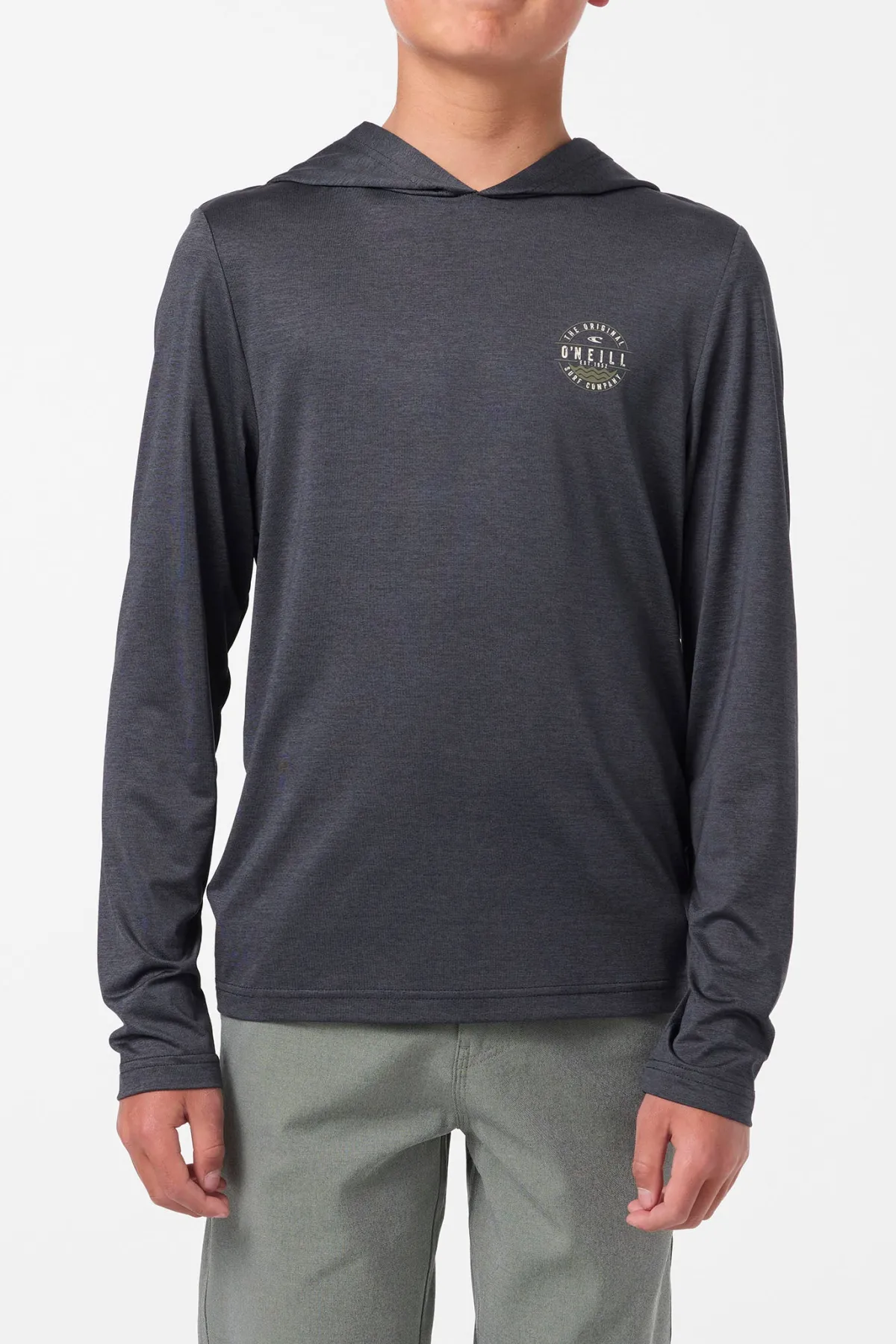 Tops^O'Neill Boy's TRVLR Upf Hooded Ls - Blaze Long Sleeve Pullover - | hthr black