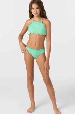 Swimwear^O'Neill Girl's Dawnbreak Rib Hi-Neck Ruffle Edge Set High Neck Top Set - | jade cream