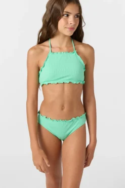 Swimwear^O'Neill Girl's Dawnbreak Rib Hi-Neck Ruffle Edge Set High Neck Top Set - | jade cream
